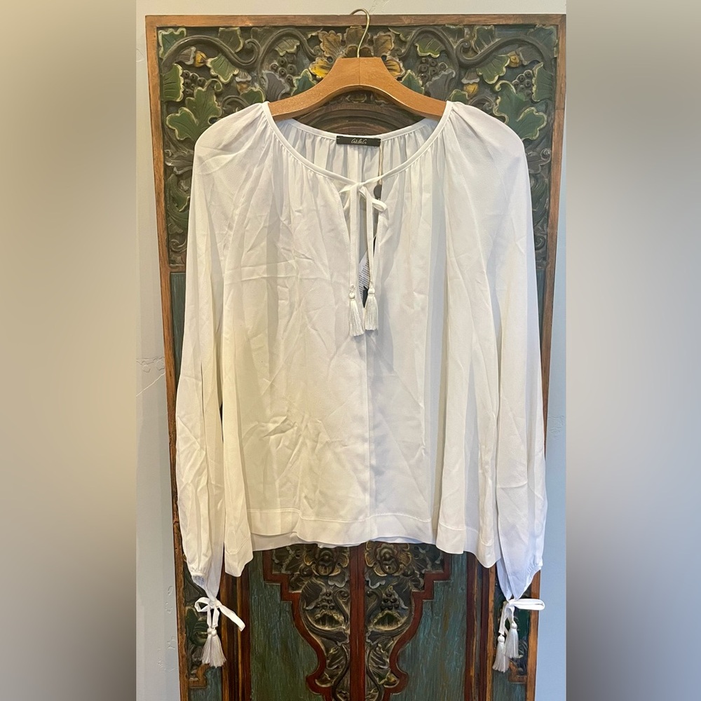 NWT Carla G Topwear Silk Blouse in White-Cream Women’s Size Large Made in Italy